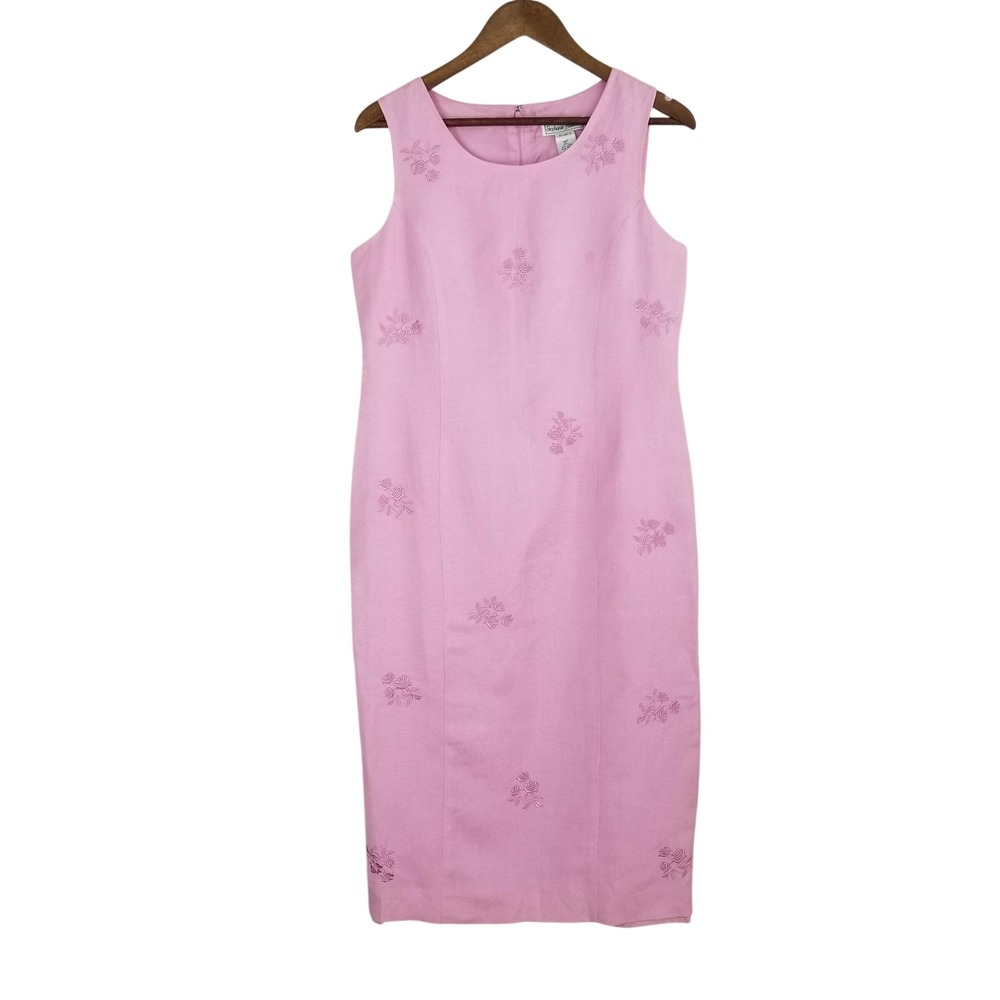 Vintage Stephanie Andrews Pink Linen Blend Embroidered Floral Sheath Dress 10P